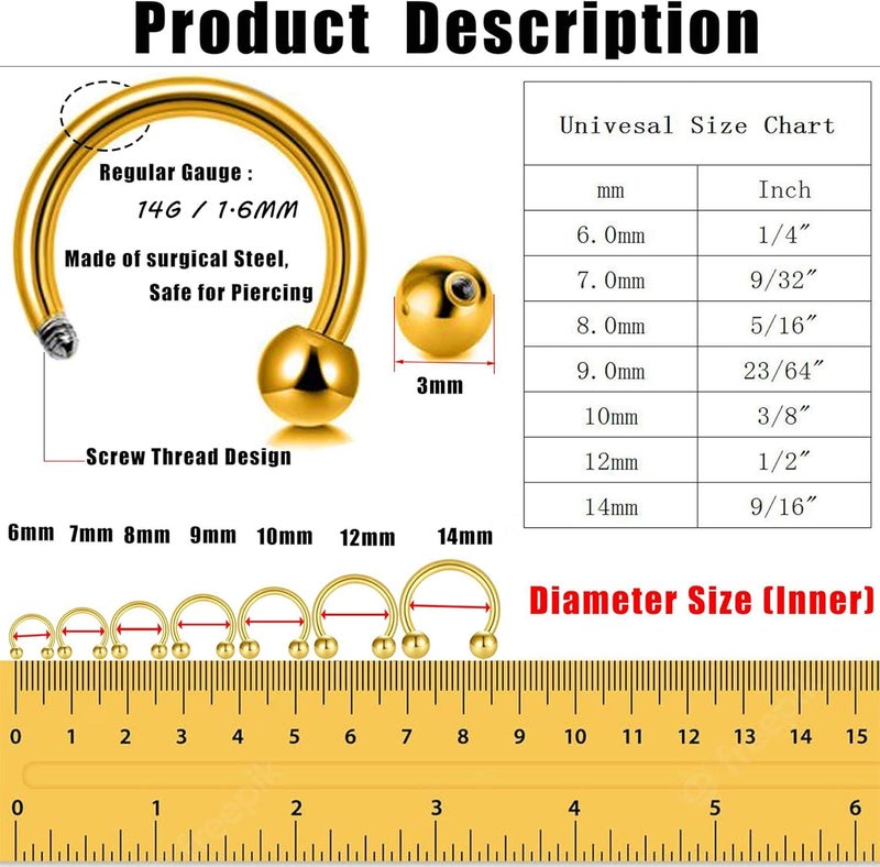 Earmark 7Pairs 6/7/8/9/10/12/14MM Surgical Steel Horseshoe Small Septum Rings Smiley Piercing Jewelry Circular Curved Barbell Piercing Hoops Set for Nose Nipple Nostril Cartilage Helix Daith Tragus Lip Eyebrow - Image 2